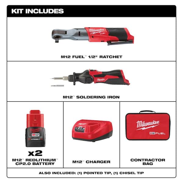 M12 FUEL 12V Lithium-Ion Brushless 1/2 in. Cordless Ratchet Kit with (2) 2. 0Ah Batteries, Charger, Bag & Soldering Iron