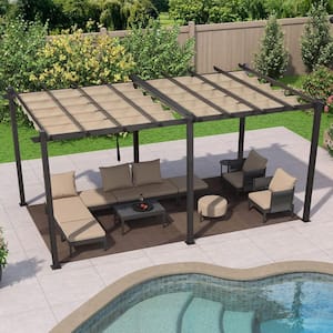 12 ft. x 18 ft. Beige Pergola with Retractable Canopy Aluminum Shelter for Porch Garden Beach Sun Shade