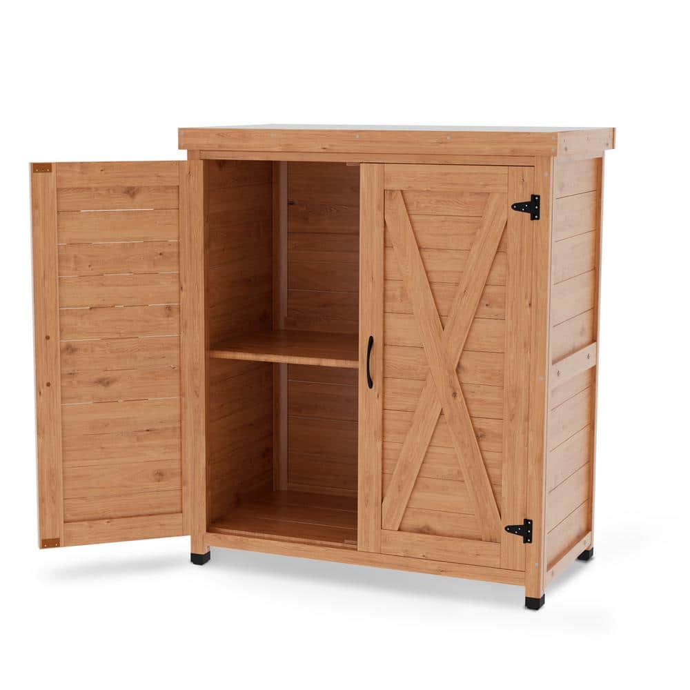 Brown Solid Wood Potting Bench with Metal Top and Storage Cabinet