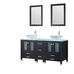 60 in. W x 21.5 in. D x 61 in. H Double Sinks Bath Vanity in Black with Glass Top and Mirror