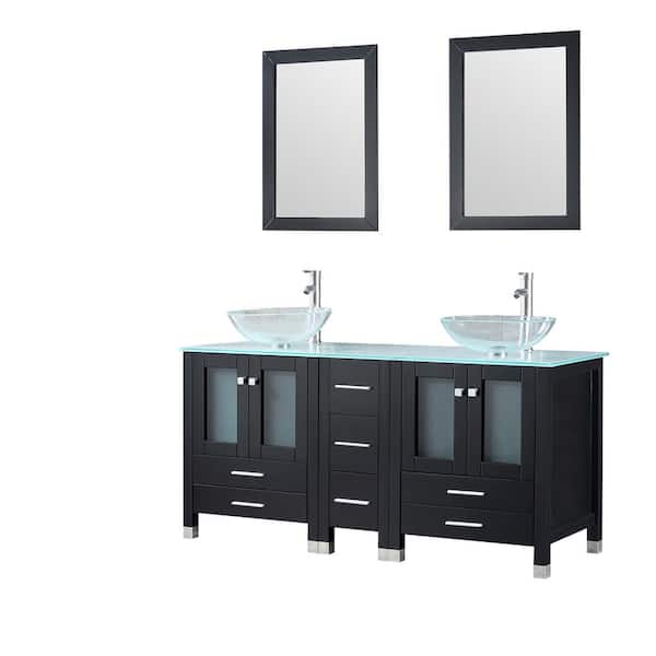 Wonline 60 in. W x 21.5 in. D x 61 in. H Double Sinks Bath Vanity in Black with Glass Top and Mirror