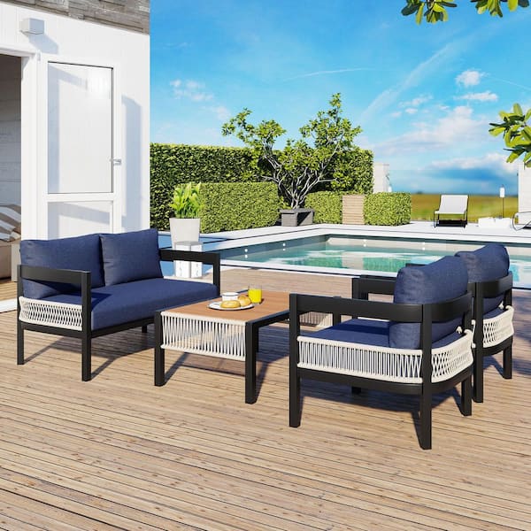 Sudzendf 4-Piece Wicker Outdoor Conversation Patio Furniture Set with Dark Blue Cushions
