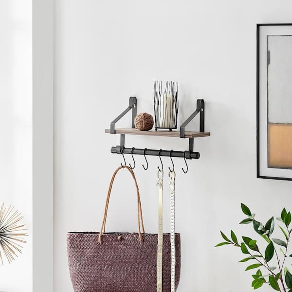 6 Hook Amelia Wall Shelf with Hanging Rod Black/Rustic - Danya B.