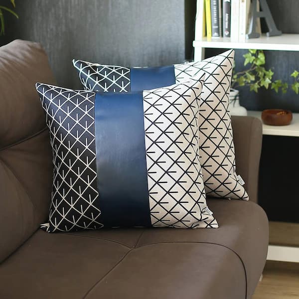 Mike&Co. New York Bohemian Set of 2 Handmade Decorative Throw Pillow Vegan Faux Leather Geometric for Couch, Bedding - Blue - 17 x 17 in