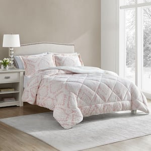 Hyde Damask Blush 3-Piece Ultra Polyester Plush with Sherpa Reverse Queen Comforter Set