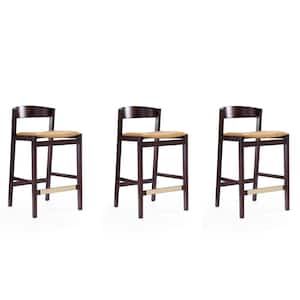 Klismos 36.75 in. Camel and Dark Walnut Beech Wood Counter Height Bar Stool (Set of 3)