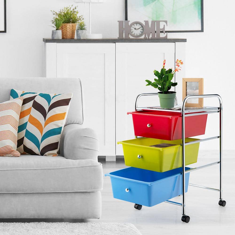 Multicolor 3-Drawer Rolling Storage Cart with Plastic Drawers