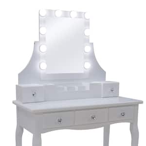 Modern White Wooden Vanity Makeup Table Sets with Rectangle LED Light Mirror and Stool