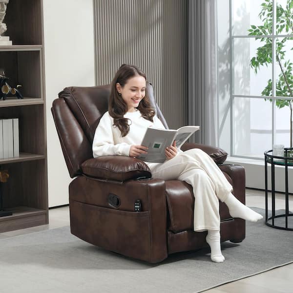 Vibration Massage Recliner Chair with Heat, Oversized Swivel Rocker, PU Manual Reclining Chair with Footrest, Brown