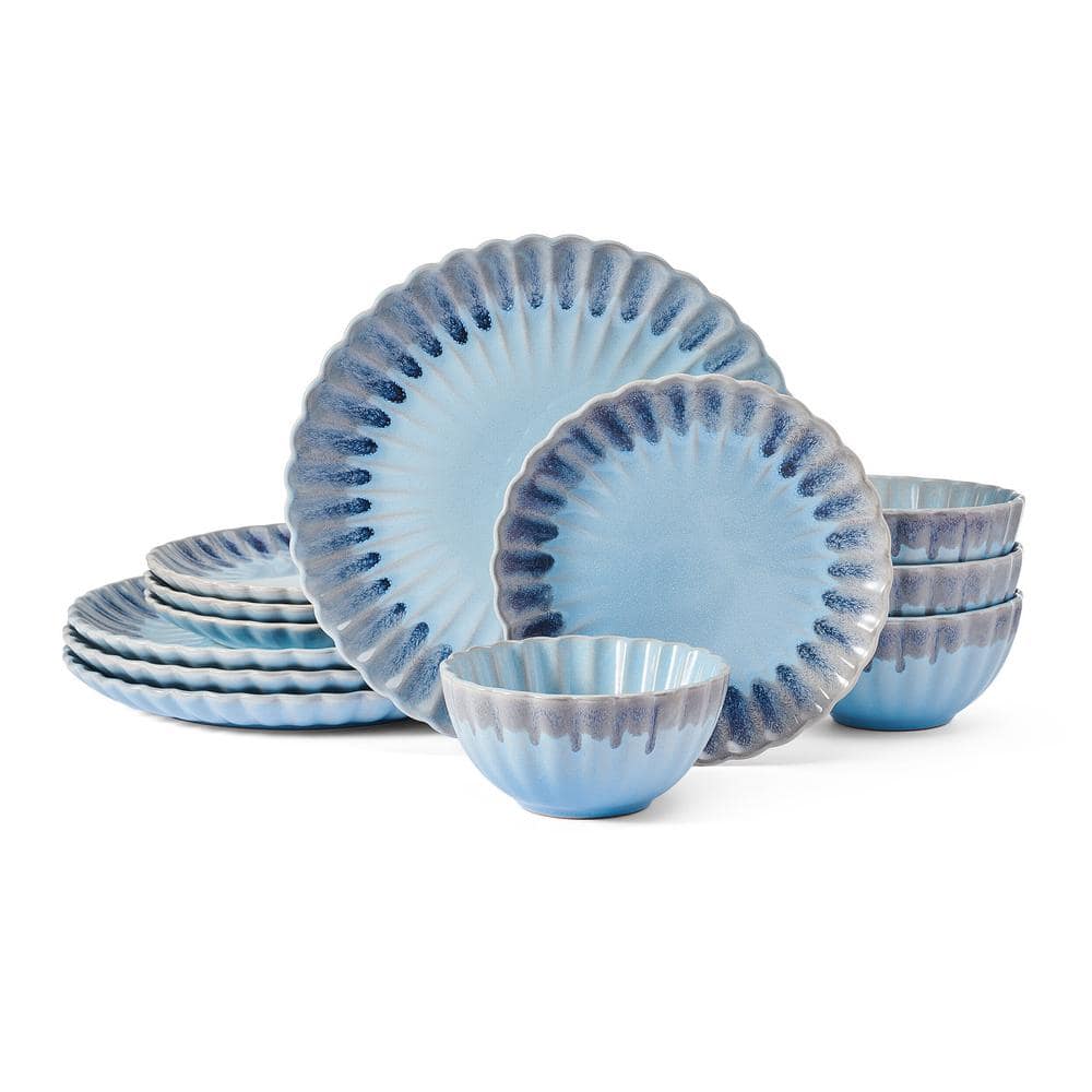 Pfaltzgraff Lucinda 12-Pieces Stoneware Dinnerware Set, Blue/Gray