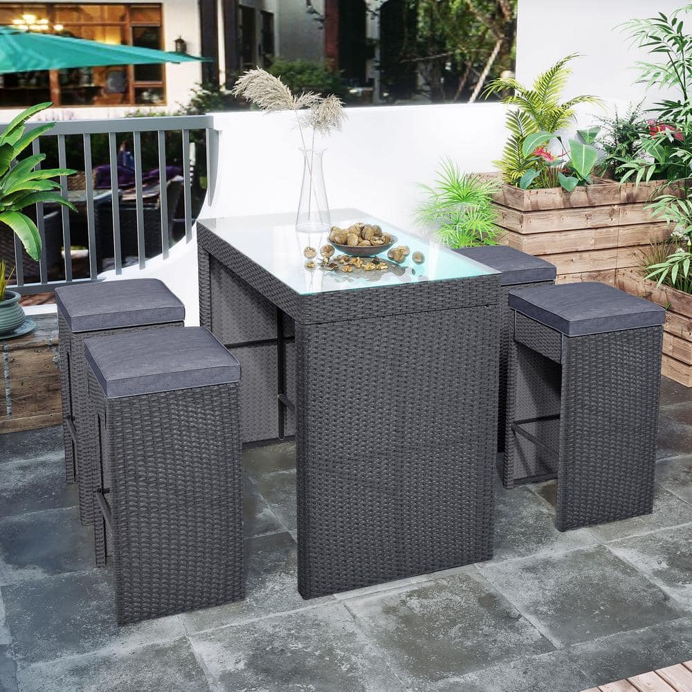 Gray 5-Piece Wicker Rectangle Bar Outdoor Dining Set with 4 Stools and Gray