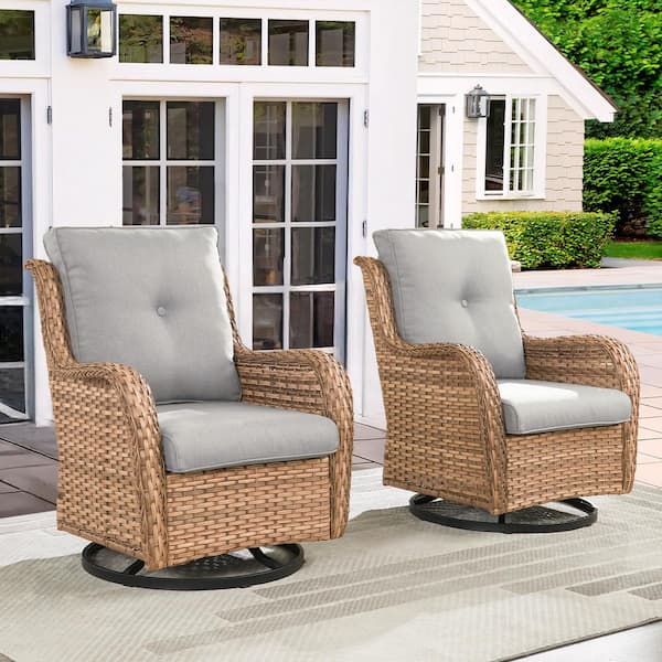 Outdoor Swivel Yellow Wicker Outdoor Rocking Chair with CushionGuard Beige Cushions Patio (Set 2-Pack)