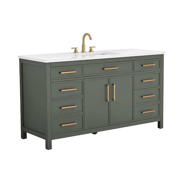 Cooper 60 in. W Bath Vanity in Vintage Green with Engineered Stone Top in Ariston White with White Sink