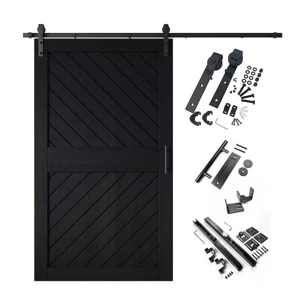 XT4 48 in. x 84 in. C-Panel Black Slanted Stripe Design Solid Pine Wood Sliding Barn Door with Hardware Kit