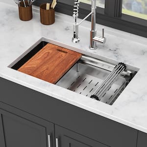 33 in. Undermount Single Bowl 16-Gauge Brushed Nickel Stainless Steel Kitchen Sink with Workstation