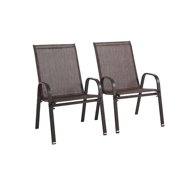 Unbranded 2-Piece Brown Steel Outdoor Lounge Chairs, Patio Camping Chair with Breathable Fabric, Armrest, High Backrest for Garden