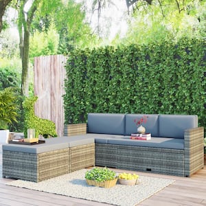 4-Piece PE Wicker Outdoor Sectional Sofa Set with with Retractable Table and Gray Cushion