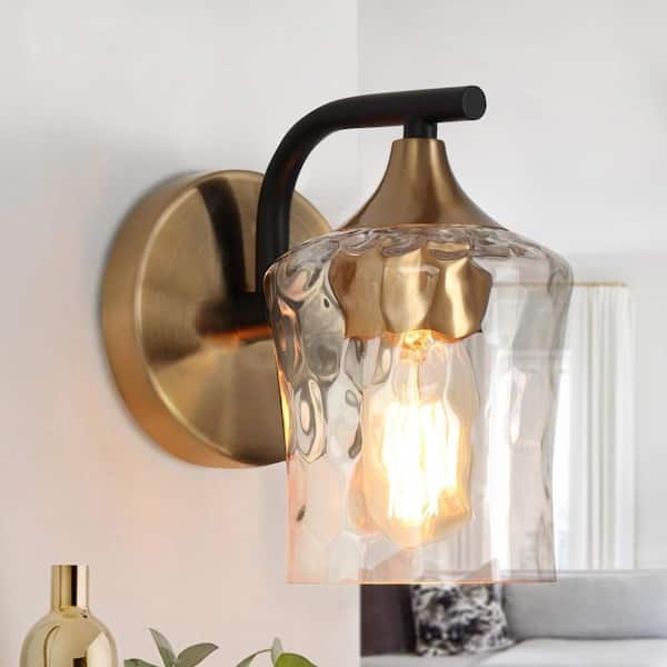 Jallie Classic 1-Light Brass Gold Water Glass Wall Sconce, Contemporary Cylinder Vanity Light Black Wall Light