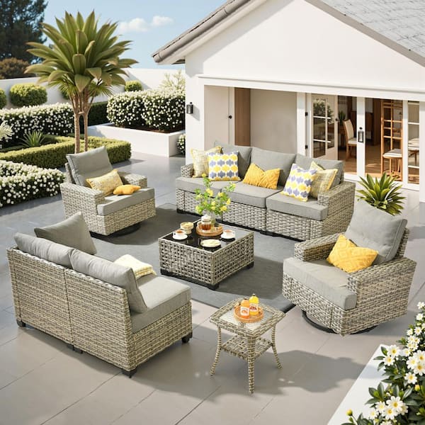 Silvae Gray 9-Piece Wicker Outdoor Sectional Set Patio Conversation Set with Rocking Chair& Dark Gray Cushion and Table