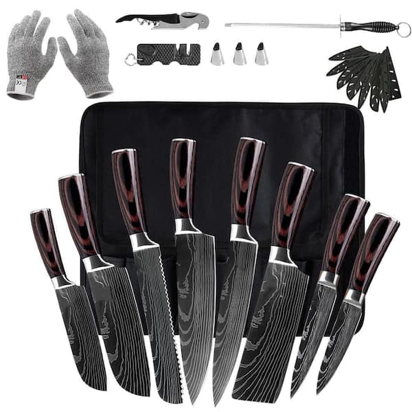 14-Piece Stainless Steel Japanese Knife Set with High-Carbon Stainless Steel Blades for Home Cooking, Coffee Wood