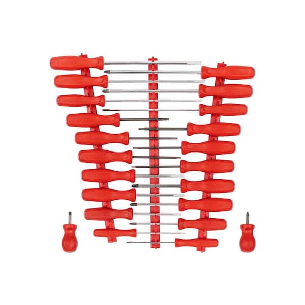 TEKTON Hard Handle Screwdriver Set with Red Rails, 22-Piece (#0-#3,1/8-5/16 in., T10-30)