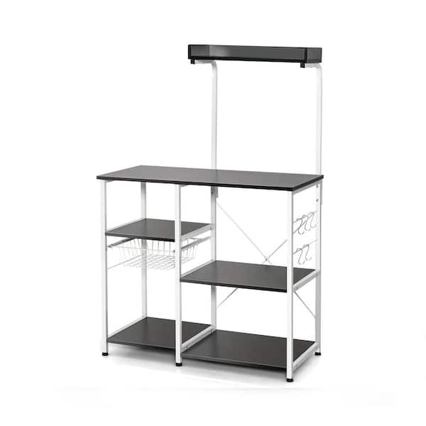 Bunpeony 4-tier Black Kitchen Rack Storage Shelving Unit Kitchen Shelf Baker's Rack with Basket and 5-Hooks
