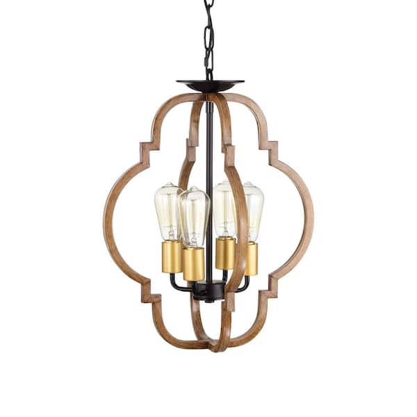Warehouse of Tiffany Ason 16 in. 4-Light Indoor Matte Black and Faux Wood Grain Finish Pendant with Light Kit