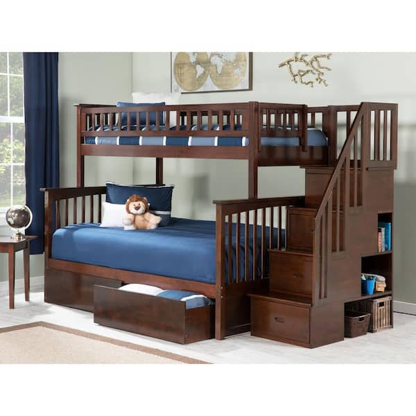 AFI Columbia Staircase Walnut Twin Over Full Bunk Bed with 2-Urban Bed Drawers
