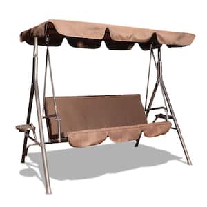 3-Person Metal Outdoor Patio Swing Chair with Canopy and Brown Cushion