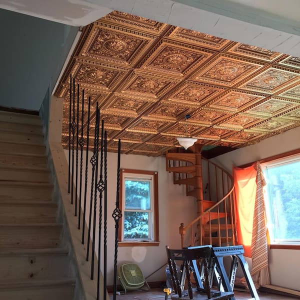 Lot De 10 Dalles De Plafond PVC 0,6x0,6 M Finition Cuivre Antique - Pose Facile Sur Grille Standard