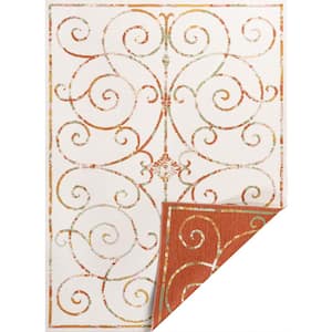 Danae Classic Cottage Filigree Scroll Reversible Machine-Washable Cream/Terra 8 ft. x 10 ft. Indoor/Outdoor Area Rug