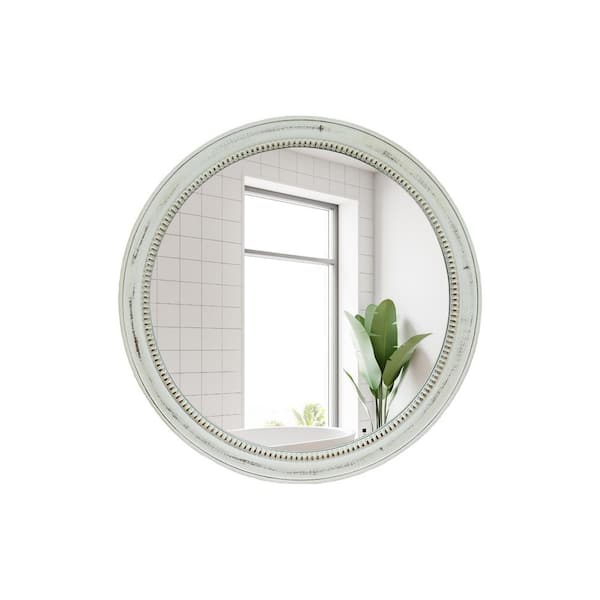 23.62 in. W x 23.62 in. H Round Distressed White Wood Beaded Framed Wall Mount Bathroom Vanity Mirror in White