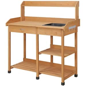 Outdoor Solid Wood Potting Bench with Drawer, Adjustable Shelf Rack and Removable Sink