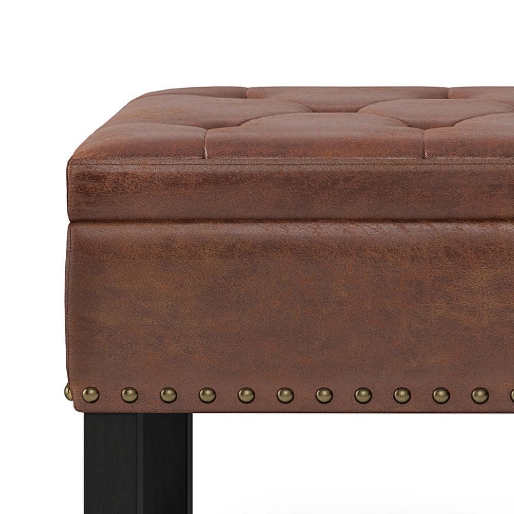 Distressed Saddle Brown Tufted Faux Leather Storage Bench