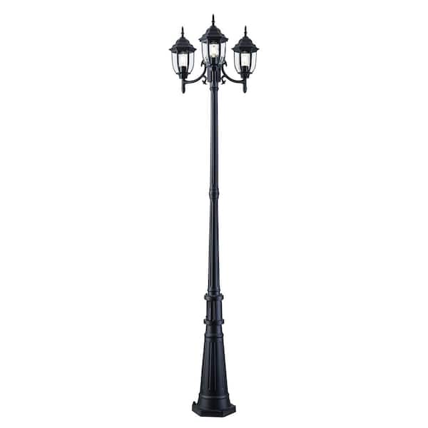 3-Light Black Aluminum Dusk to Dawn Hardwired Outdoor Weather Resistant Post Light Set with GFCI, No Bulbs included
