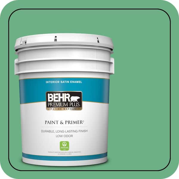BEHR PREMIUM PLUS 5 gal. #P410-5 Lily Pads Satin Enamel Low Odor Interior Paint & Primer