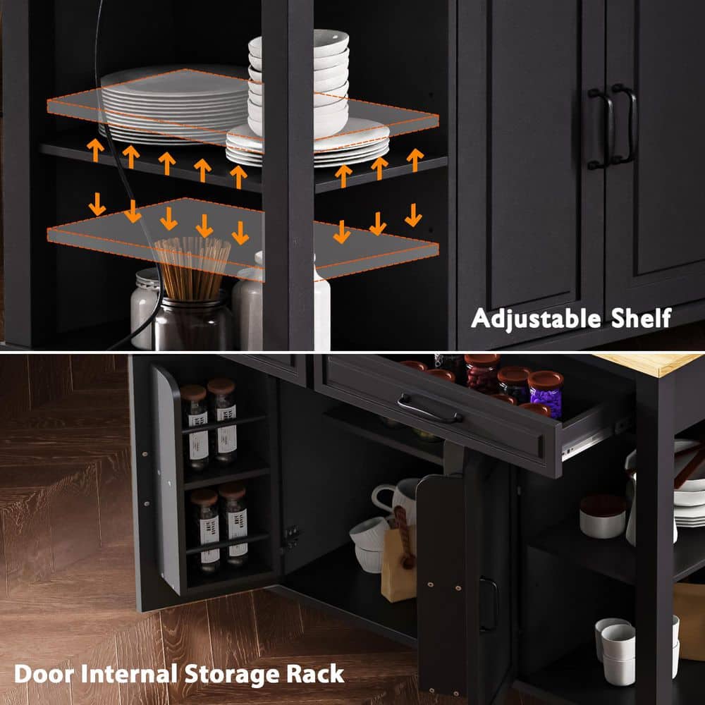 White Kitchen Cart with Extendable Dining Table, Internal Racks, 4 Open Side Shelves, 2-Drawer, Power Outlet - thumbnail 8