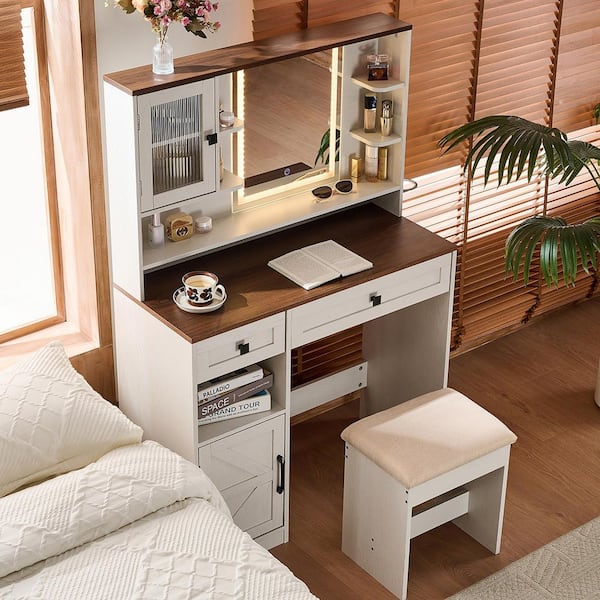White 37.4 in. W Makeup Vanity Dresser with Mirror, Charging Station, Shelves, 2 Drawers, Stool and Lights