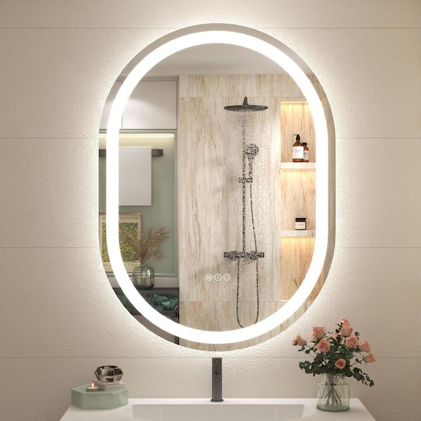 20 in. W x 28 in. H Oval Frameless Super Bright 192 LEDs/M Lighted Anti-Fog Tempered Glass Wall Bathroom Vanity Mirror