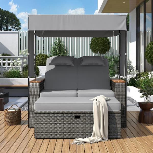 Sudzendf Gray 2-Piece Metal Outdoor Day Bed Chaise Lounger Loveseat with Gray Cushion, Adjustable Backrest
