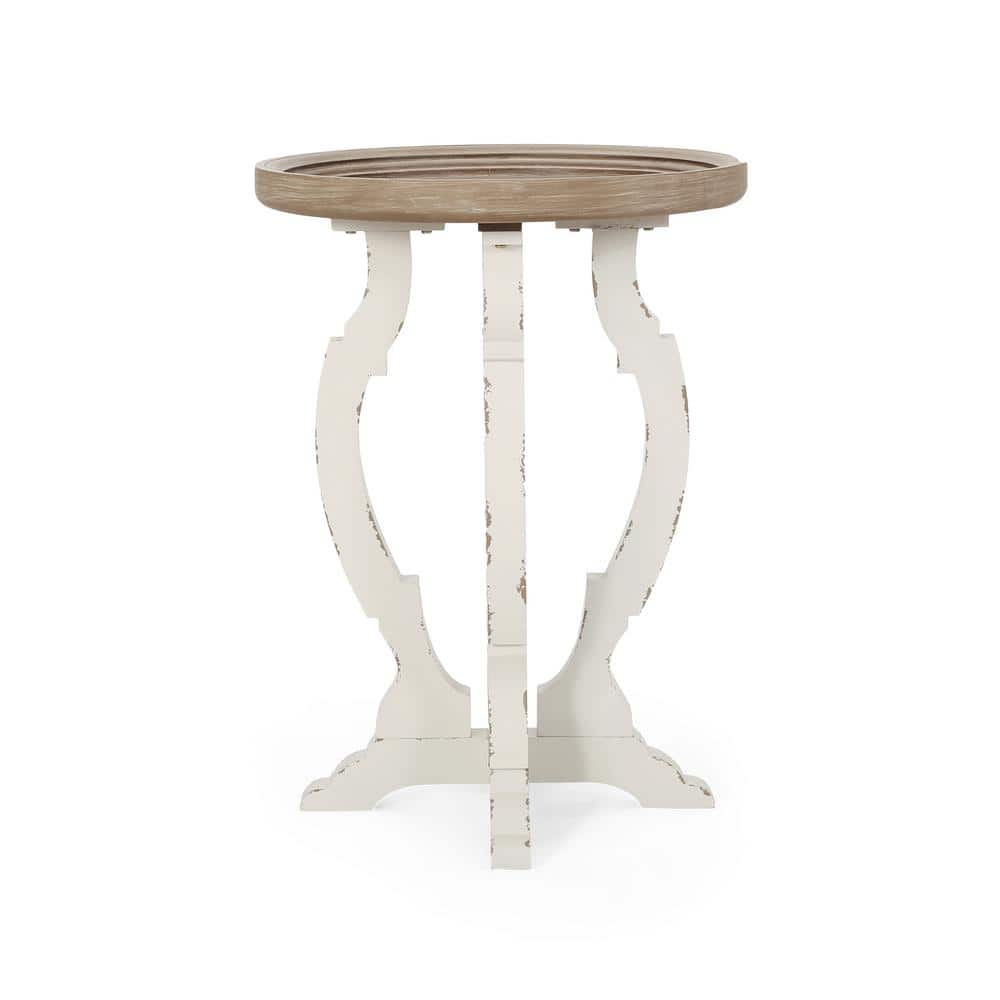 Elegant French Country Round Wood Accent Table in Distressed White