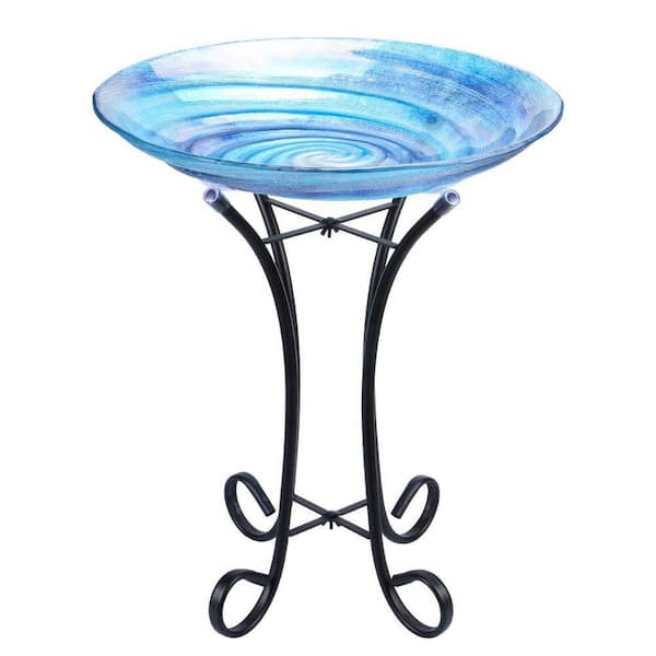 18 in. Dia Outdoor Glass Birdbath with Metal Stand for Lawn Garden Decor-Blue