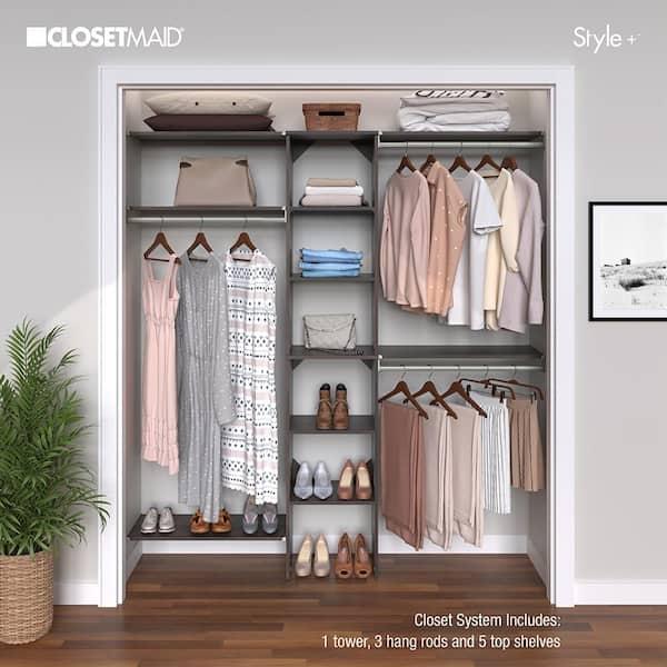 ClosetMaid Style+ 73.1 in W - 121.1 in W Coastal Teak Basic Wood Closet System Kit with Top Shelves and Modern Drawers