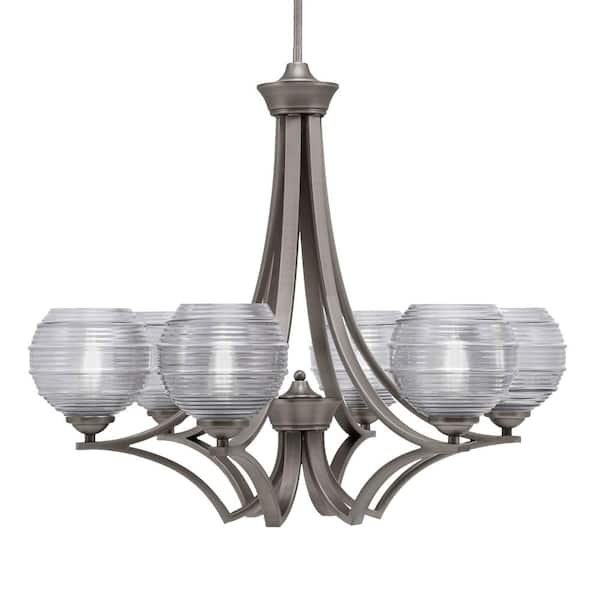 Unbranded Clevelend 6-Light Graphite Round Chandelier with 6 in. Smoke Ribbed Glass Shades, No bulbs included
