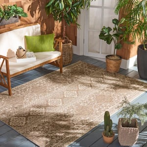 Beach House Cream/Beige 4 ft. x 4 ft. Damask Floral Indoor/Outdoor Patio  Square Area Rug