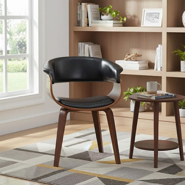 Wood and Black Faux Leather Mid-Century 18- in. Seat Height Dining Chair