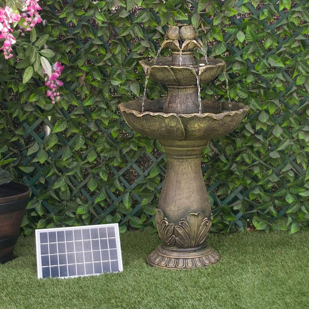 34" Tan Polyresin Solar Flower Style Tiered Fountain