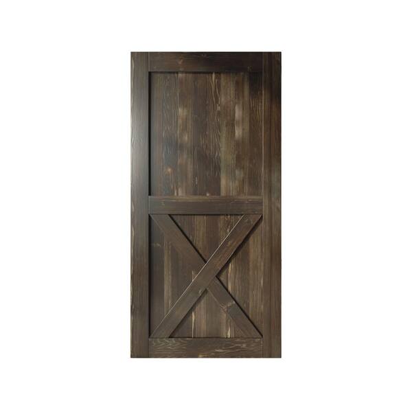 HOMACER 48 in. x 84 in. X-Frame Ebony Solid Natural Pine Wood Panel Interior Sliding Barn Door Slab with Frame