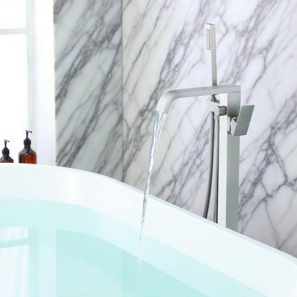 Vara 1-Handle 42.5 in. H Freestanding Tub Faucet with Hand Shower in Brushed Nickel