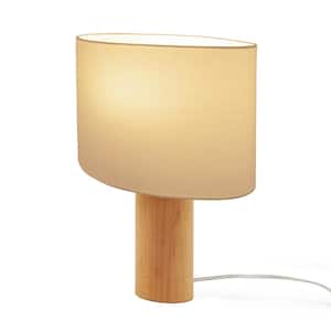 Mia 15.55 in. Polished Natural Wood Midcentury LED Standing Bedside Desk Table Lamp with Beige Cotton Drum Shade